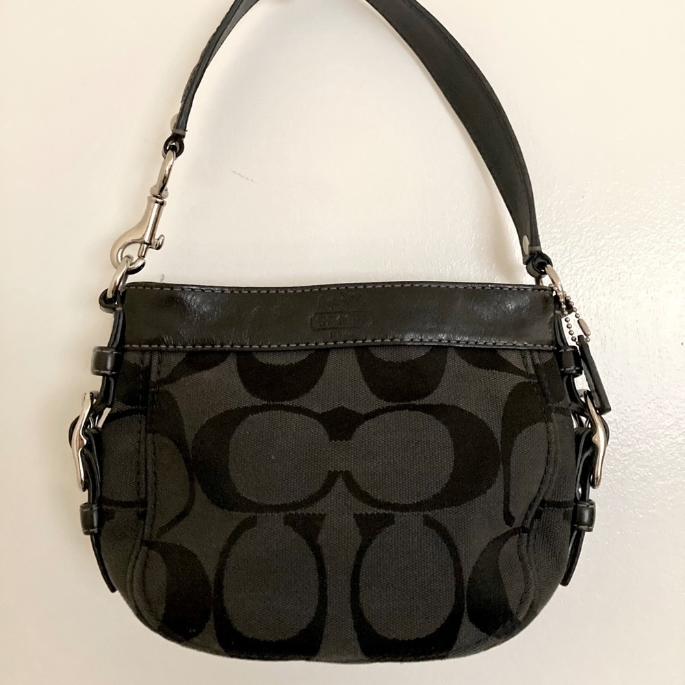 Coach Shoulder Bag, Black Signature With Buckles